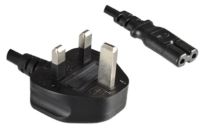 UK plug 3 A, 2 pole, 1,8 m, with IEC 60320 C7 connector 