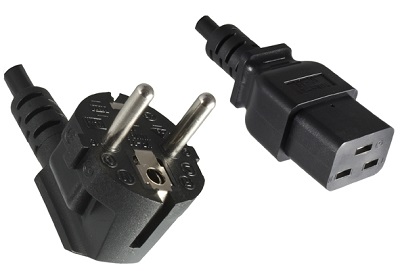 Angled Schuko plug, with IEC 60320 C19 connector, 3,0 m