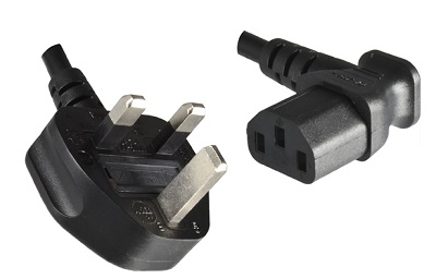 UK plug 10A, 3 pole, 2,0 m, with Angled IEC 60320 C13 connector, black