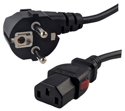 Angled Schuko plug, with IEC 60320 C13 connector with Locking (IEC Lock), 2,0 m