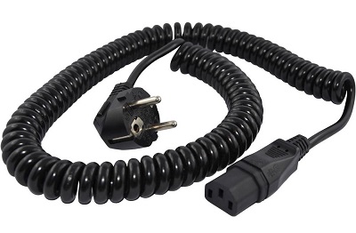 Coiled cable 1,6 m with Angled Schuko plug and IEC 60320 C13 connector, black