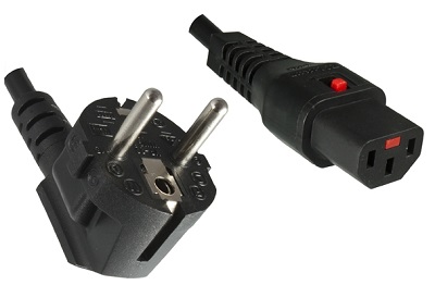 Schutzkontakt-Winkelstecker, mit Kaltgerätedose C13 mit Verriegelung (IEC Lock), 2,0 m