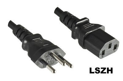 Swiss plug with IEC 60320 C13 connector, 2,0 m, black, halogen free, LSZH