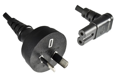 Australia plug, 2 pole, 2,0 m, with Angled IEC 60320 C7 connector, black