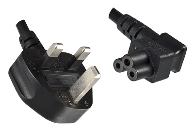 UK plug 3A, 3 pole, 1,8 m, with Angled IEC 60320 C5 connector 